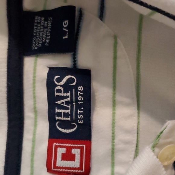 Chaps- Mens White Polo Blue & Geen Pinstripes Sz.Large - Picture 3 of 3